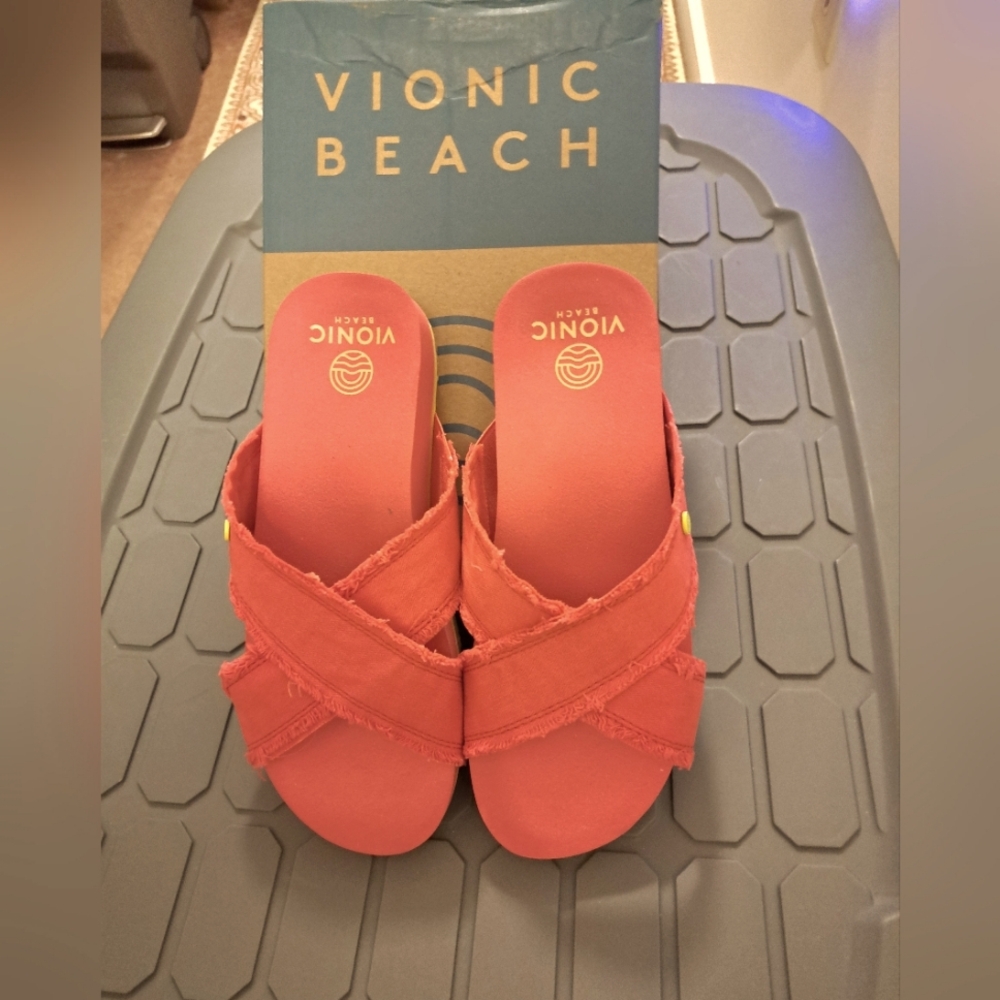 VIONIC beach SANDALS poppy CANVAS brand new in original box 🤎🤎🤎